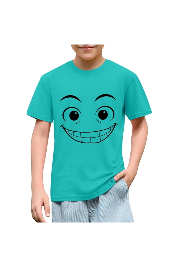 Youth Boys Funny Graphic T Shirts Cute Big Grinning Smile Face Cartoon Print Short Sleeve Crewneck Soft Comfy Breathable Summer Casual Daily Playwear School Holiday Novelty Pullover Tops