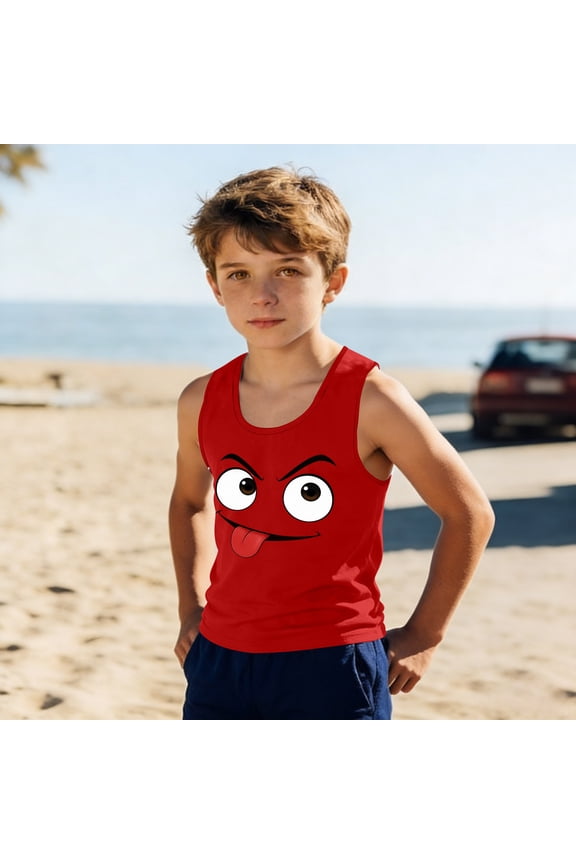 Youth Boys Girls Funny Graphic Tank Top Cute Silly Crazy Face Tongue Out Print Sleeveless Casual Playwear Daily Outfits Soft Stretchy Activewear Shirts