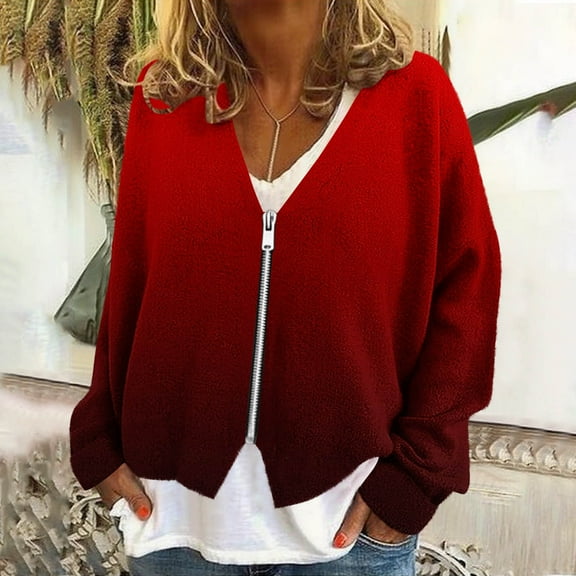 Xdegoge Zip Up Jackets for Women Cropped V Neck Gradient Long Sleeve Fuzzy Jacket Casual Loose Fit Fleece Warm Coats Winter Fashion Outerwear Coat 2025