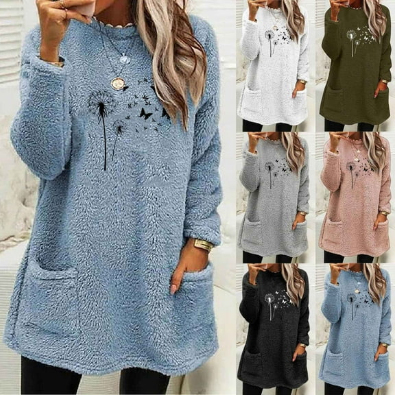 Xdegoge Womens Fleece Sweatshirts Pullover Warm Sherpa Lightweight Long Sleeve Tops with Pockets Fuzzy Cozy Casual Oversized Winter Clothes