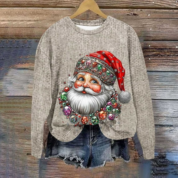 Xdegoge Christmas Shirts for Women Crewneck Xmas Santa Tops Merry and Bright Vintage Sweatshirt Vacation Funny Family Pullover Winter Long Sleeve Shirts Holiday Party Ugly Sweaters Cute Blouses