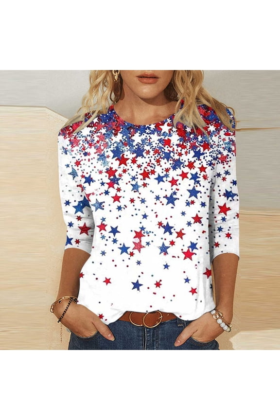 today 4Th of July Shirts for Women 3/4 Sleeve American Flag Shirt Usa Patriotic T-Shirt Stras Striped Tops Tunic Crew Neck Blouses today