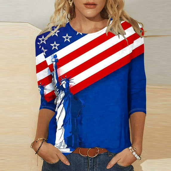 Xdegoge liquidaciones de 4Th of July Shirts for Women 3/4 Sleeve American Flag Shirt Usa Patriotic T-Shirt Stras Striped Tops Tunic Crew Neck Blouses flash liquidaciones de