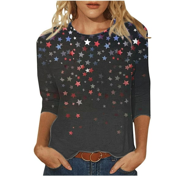 Xdegoge ofertas En4th of July Shirts Womens Plus Crewneck Womens Blouse 3/4 Sleeve Clothing Made In USA Oversized Graphic Tshirt Plus Size Spring Tops Vintage Clothes Camisa Roja Para Mujer