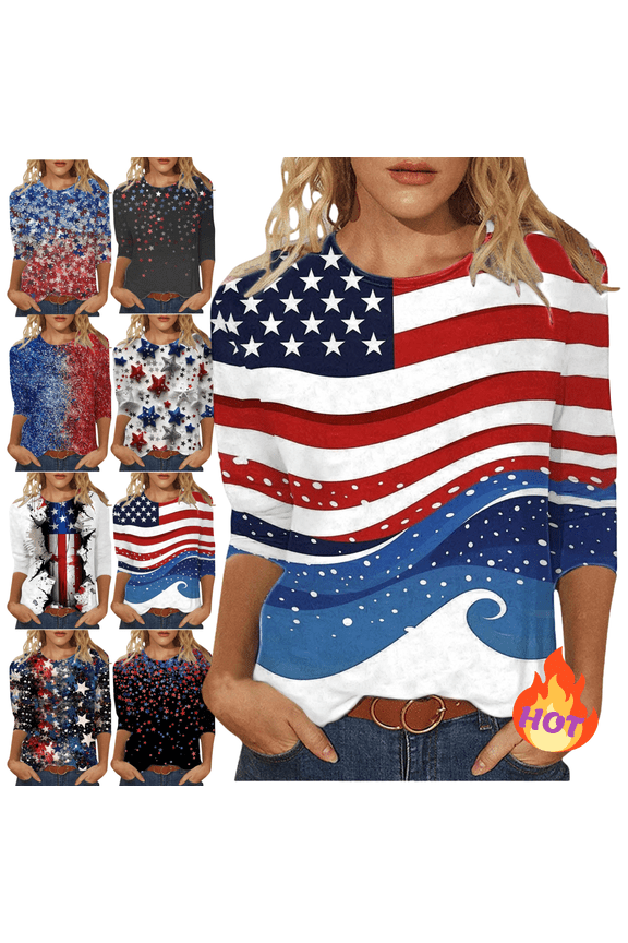 online 4th of July Tops for Women Crewneck Womens 3/4 Length Sleeve Tops USA Shirts Graphic Tees Vintage Trendy Over Size T Shirts Clothes Summer Camisa Blanca Para Mujer