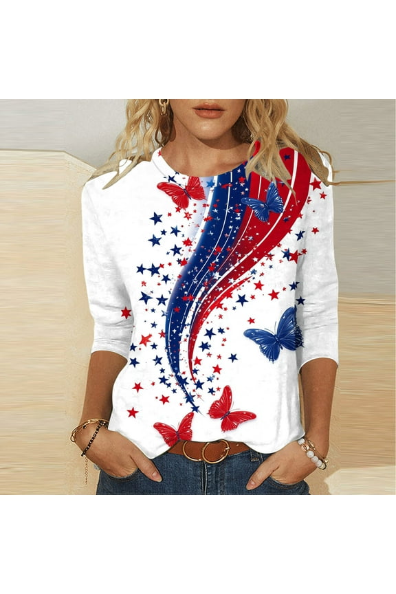 womens plus size 5 4Th of July Shirts for Women 3/4 Sleeve American Flag Shirt Usa Patriotic T-Shirt Stras Striped Tops Tunic Crew Neck Blouses ofertas en