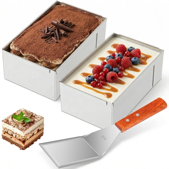 Xdziklosj 2 PCS Nonstick Rectangle Tiramisu Cake Pan with Metal Spatula Removable Frame 304 Stainless Steel Cake Baking Mold for Tiramisu Cheesecake Mousse (6.3 X 3.94 X 2.48 Inch)