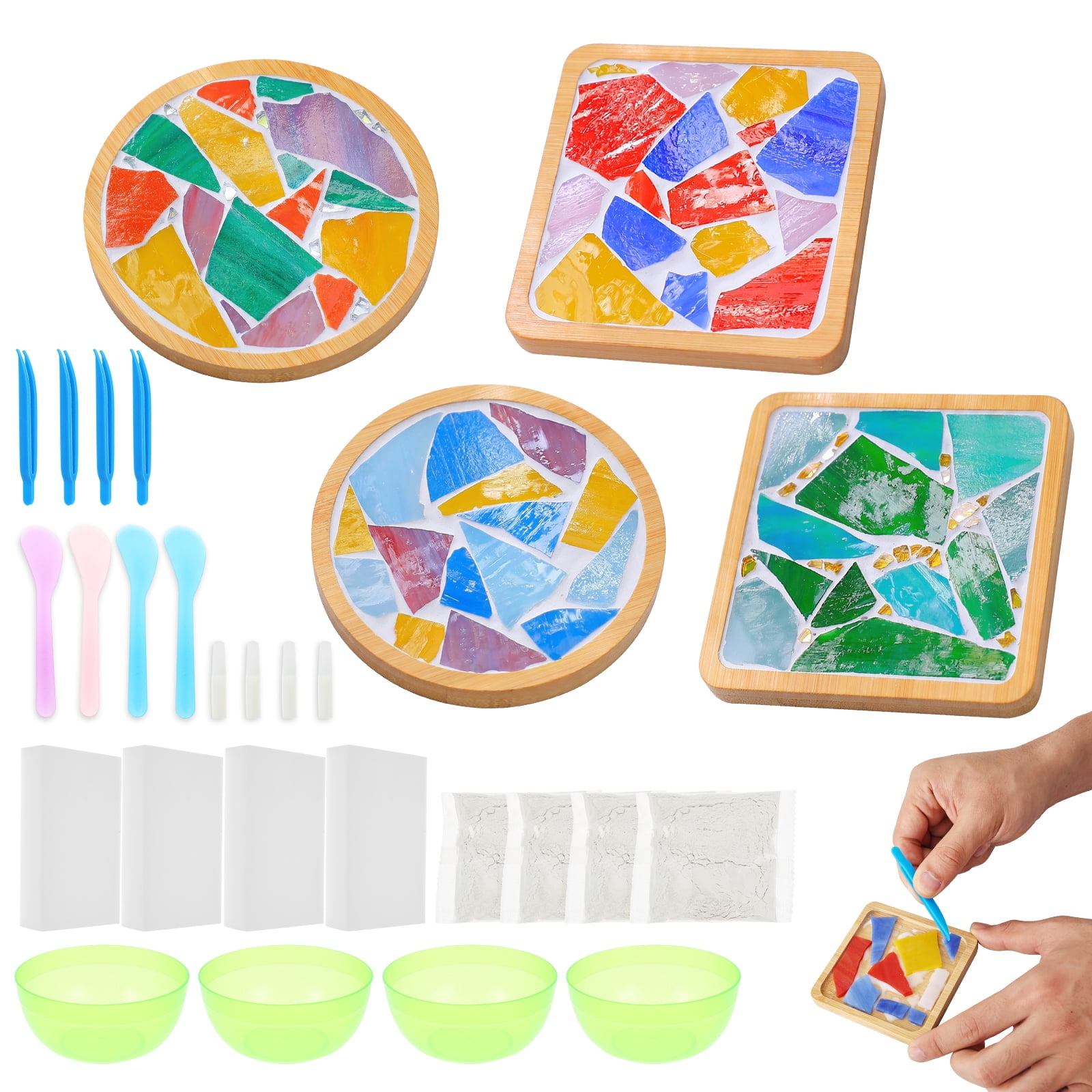 Xdziklosj 4 Pcs DIY Mosaic Kit for Adult Glass Tile for Craft with Bamboo Cup Pad for Women Mixed Color Mosaic Art Craft Cup Mat Project Handmade Making Kit Set for Home Decor Present