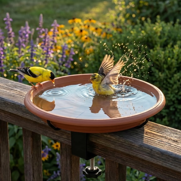 Xdziklosj Deck Bird Bath, Plastic Bowl with Adjustable Clamp,10.5" Rustproof Birdbath and Feeder for Railing Fence Outdoor Garden Decor
