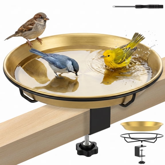Xdziklosj Deck Bird Bath, Stainless Steel Bowl with Adjustable Clamp,10" Rustproof Metal Birdbath and Feeder for Railing Fence Outdoor Garden Decor