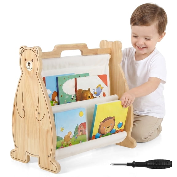 Xdziklosj Double Sided Kids Bookshelf Portable Toddler Bookshelf Book Shelf for Kids Room and Playroom Cute Bear Design Wooden Toddler Book Display Shelf