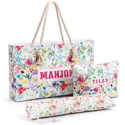 Xdziklosj 3PCS Empty Mahjong Bags Set for Tiles and Racks Floral American Mahjong Carrying Case with Tile Pouch and Drawstring for Travel and Party