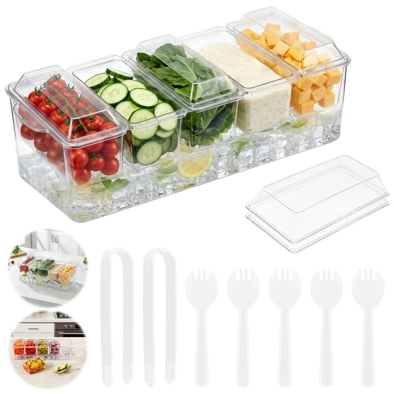 Xdziklosj Ice Chilled Condiment Caddy with 5 Container Server Tray and Lid Removable Serving Tray Platter (5 Spoons & 2 Tongs)