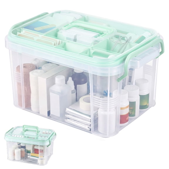 Xdziklosj Medicine Organizer Box with Handle, 2-Tier Clear Plastic Storage Bin with Removable Tray & Latch Lock for for Pill Bottle Organization
