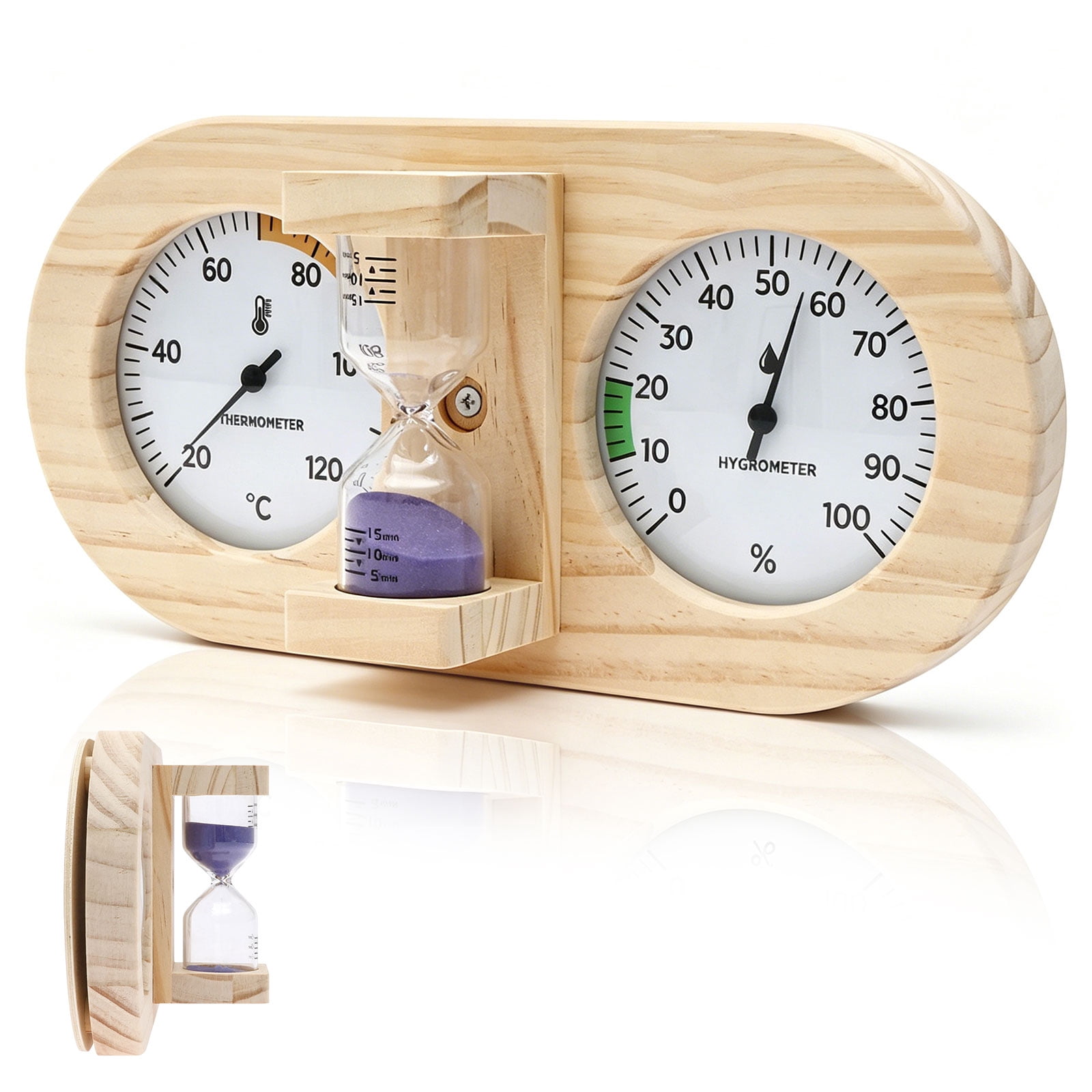 Xdziklosj Wooden Sauna Thermometer Hygrometer with 15 Minute Hourglass Timer Wall Mount Sauna Temperature Gauge for Home and Commercial Use