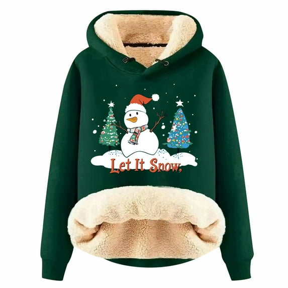 Xdzjlr Christmas Hoodies For Womens Casual Plus Velvet Xmas Snowman Series Printed Long Sleeve Hooded Sweatshirt Oversized Hoodie Dark Green Xl