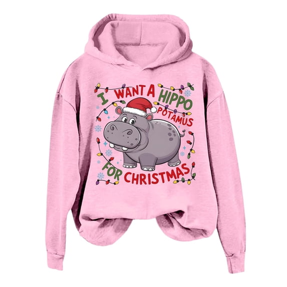 Xdzjlr Christmas Hoodies For Womens I Want A Hippo Christmas Letter Printed Long Sleeve Sweatshirts Oversized Hoodie Pink S