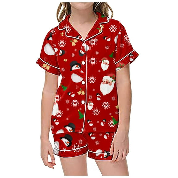 Xdzjlr Christmas Pajama For Girls Children Casual Xmas Print Button Down Lapel Short Sleeved Tops Shorts Set Nightwear Kids Pajamas Pjs Red