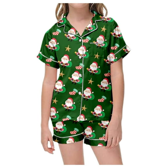 Xdzjlr Christmas Pajama For Girls Xmas Classic Print Button Down Collar Short Sleeve Tops Shorts Set Nightwear Kids Pajamas Pjs Blue