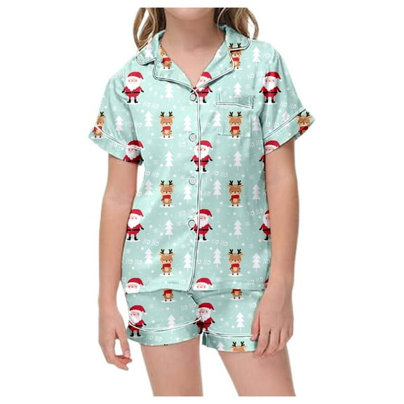 Xdzjlr Christmas Pajama For Girls Xmas Classic Print Button Down Collar Short Sleeve Tops Shorts Set Nightwear Kids Pajamas Pjs Light Purple