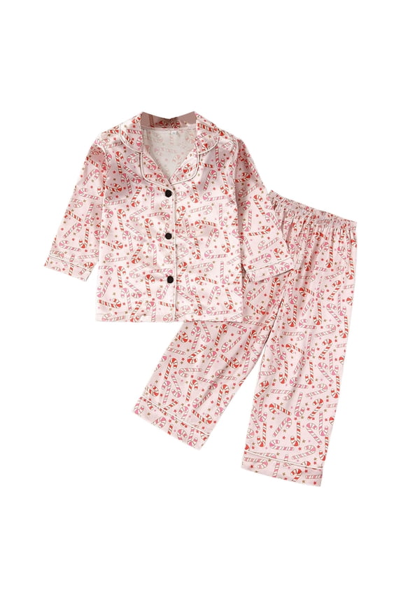 Girls Christmas Pajama Candy Cane Print Long Sleeve Tops And Pants Winter Holiday Cozy Outfit Kids Xmas Homewear Kids Pajamas Pjs Beige