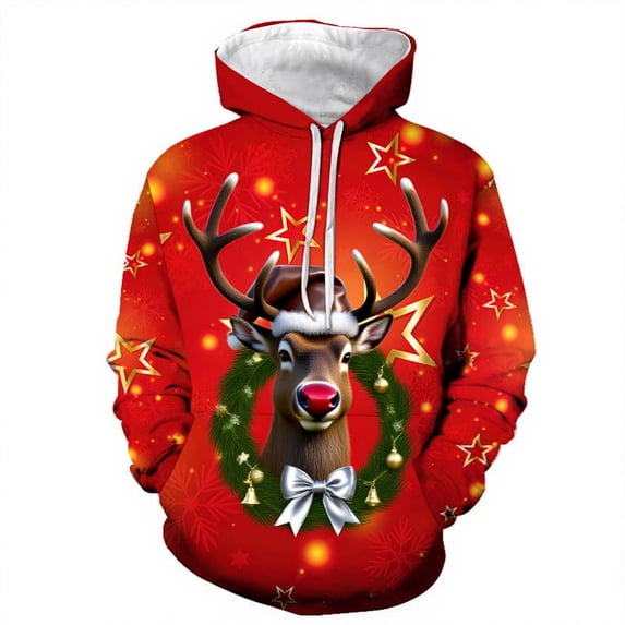 Xdzjlr Mens Christmas Hoodies Deer Print Hooded Sweatshirt Long Sleeve Pullover Warm Hoodie Holiday Season Casual Wear Xmas Outwear Red S