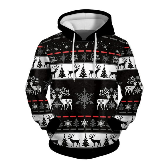 Xdzjlr Mens Christmas Hoodies Male Winter Xmas Hooded Long Sleeve Sweatshirt Funny Interesting All Print Pocket Top Black S