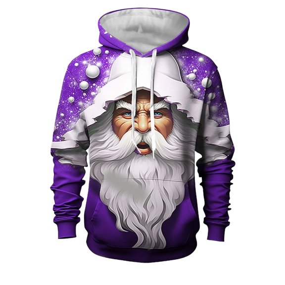 Xdzjlr Mens Christmas Hoodies Winter Casual Trend Xmas Print Pullover Hoodie Sweatshirt Purple Xl