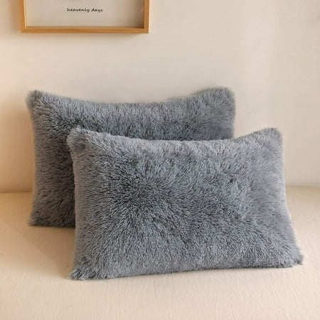 XeGe 2 Pack Soft Fluffy Faux Fur Pillow Cases, Plush Fuzzy Pillow Shams Pillowcases, Shaggy Furry Velvet Decorative Long Pillow Covers for Bed Sofa Couch, Zipper Closure, Standard Size, Light Gray
