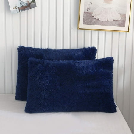 XeGe 2 Pack Soft Fluffy Faux Fur Pillow Cases, Plush Fuzzy Pillow Shams Pillowcases, Shaggy Furry Velvet Decorative Long Pillow Covers for Bed Sofa Couch, Zipper Closure, Standard Size, Navy Blue