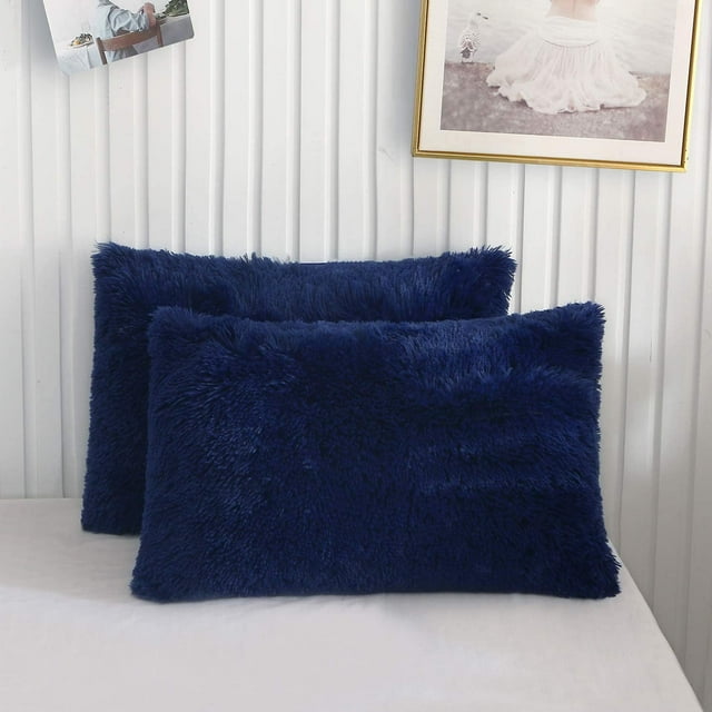 XeGe 2 Pack Soft Fluffy Faux Fur Pillow Cases, Plush Fuzzy Pillow Shams Pillowcases, Shaggy Furry Velvet Decorative Long Pillow Covers for Bed Sofa Couch, Zipper Closure, King Size, Navy Blue