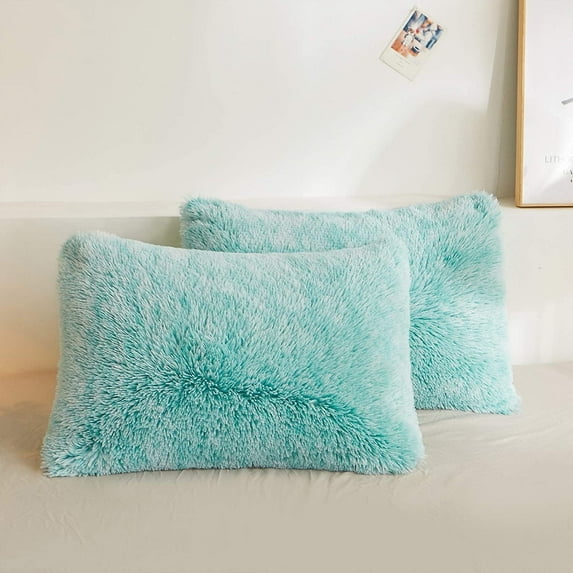 XeGe 2 Pack Soft Fluffy Faux Fur Pillow Cases, Plush Fuzzy Pillow Shams Pillowcases, Shaggy Furry Velvet Decorative Long Pillow Covers for Bed Sofa Couch, Zipper Closure, King Size, Aqua Ombre