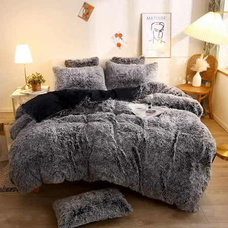 XeGe 2 Piece Faux Fur Duvet Cover Set, Luxury Long Plush Fuzzy Comforter Cover Set, Ultra Soft Velvet Furry Bedding Set with 1 Pillow Sham, Zipper Closure, Twin Size, Black Ombre