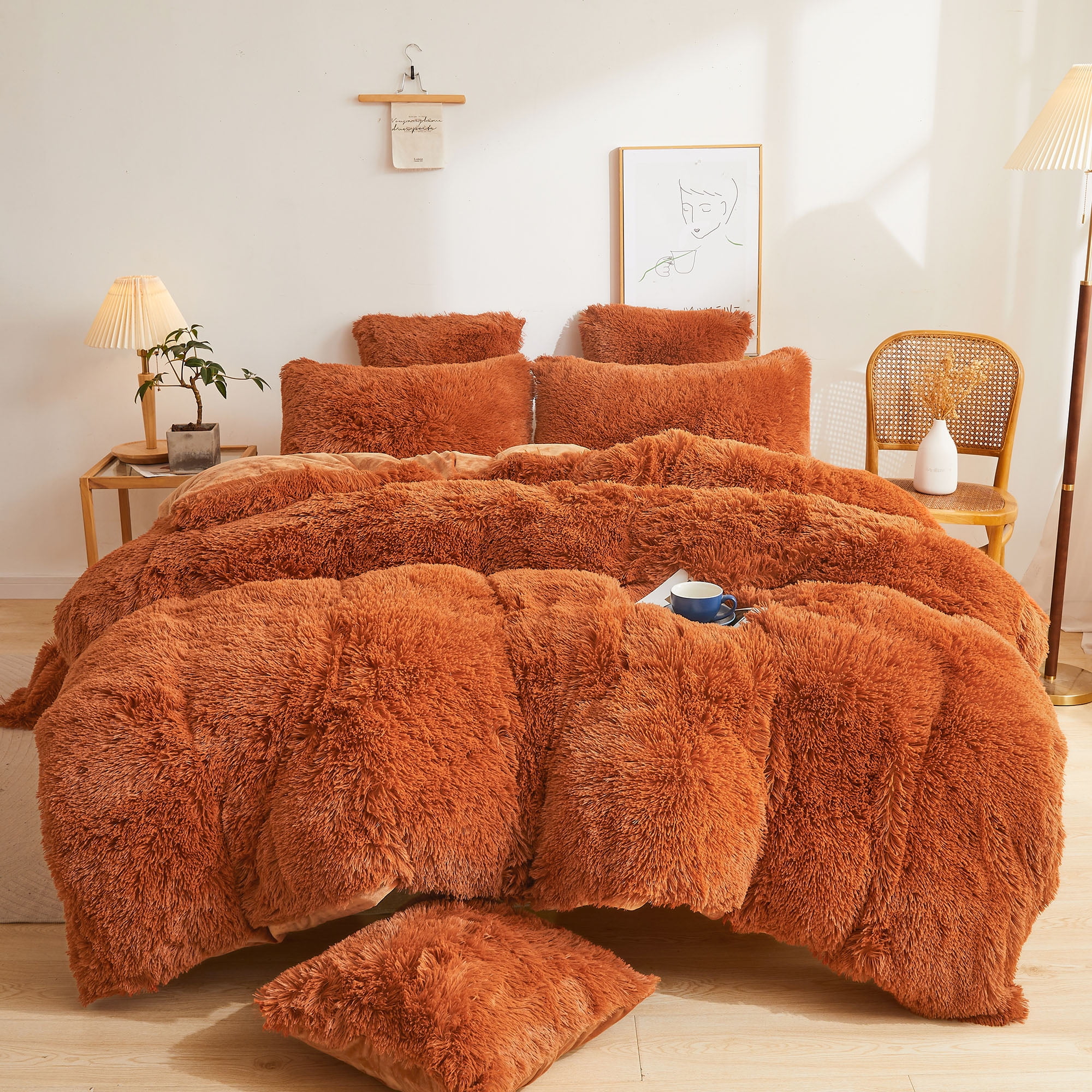 XeGe 2 Piece Fluffy Faux Fur Duvet Cover Set Twin, Luxury Ultra Soft Velvet Shaggy Plush Bedding Set, Fuzzy Comforter Cover with 1 Furry Pillowcase, Zipper Closure, Twin Size, Burnt Orange