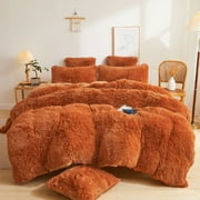 XeGe 2 Piece Fluffy Faux Fur Duvet Cover Set Twin, Luxury Ultra Soft Velvet Shaggy Plush Bedding Set, Fuzzy Comforter Cover with 1 Furry Pillowcase, Zipper Closure, Twin Size, Burnt Orange