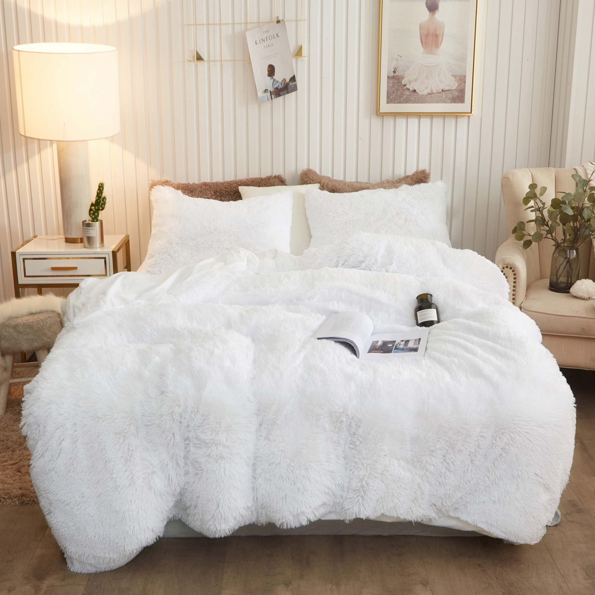 Twin White Faux Fur Velvet Duvet Cover Set with Pillowcase