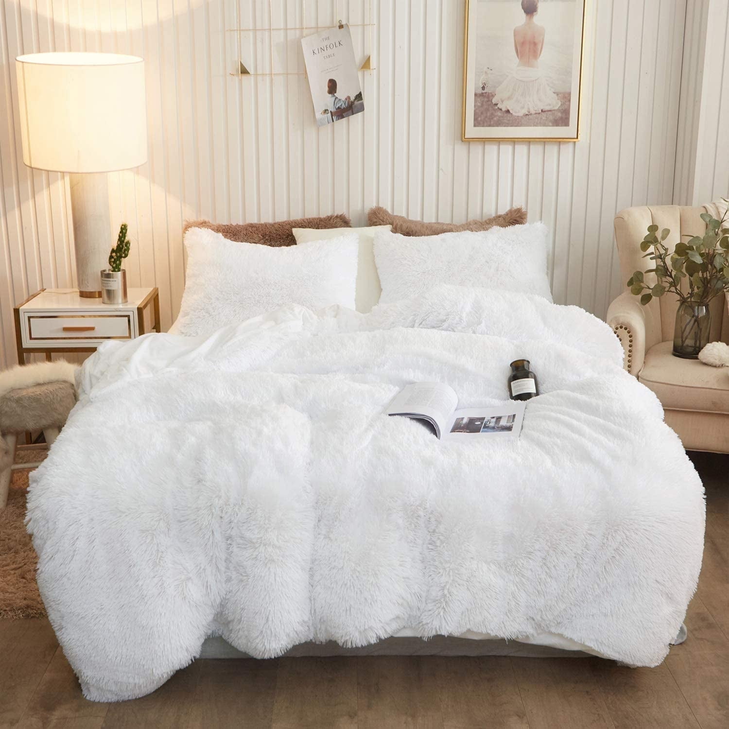 Twin White Faux Fur Velvet Duvet Cover Set with Pillowcase