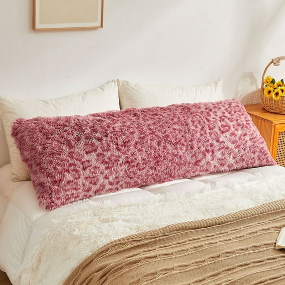 XeGe 20x54 Fluffy Cheetah Print Body Pillow Cover, Leopard Print Plush Fuzzy Faux Fur Body Pillowcase with Zipper, Farmhouse Shaggy Furry Long Pillow Cover for Women Side Sleeper, Pink