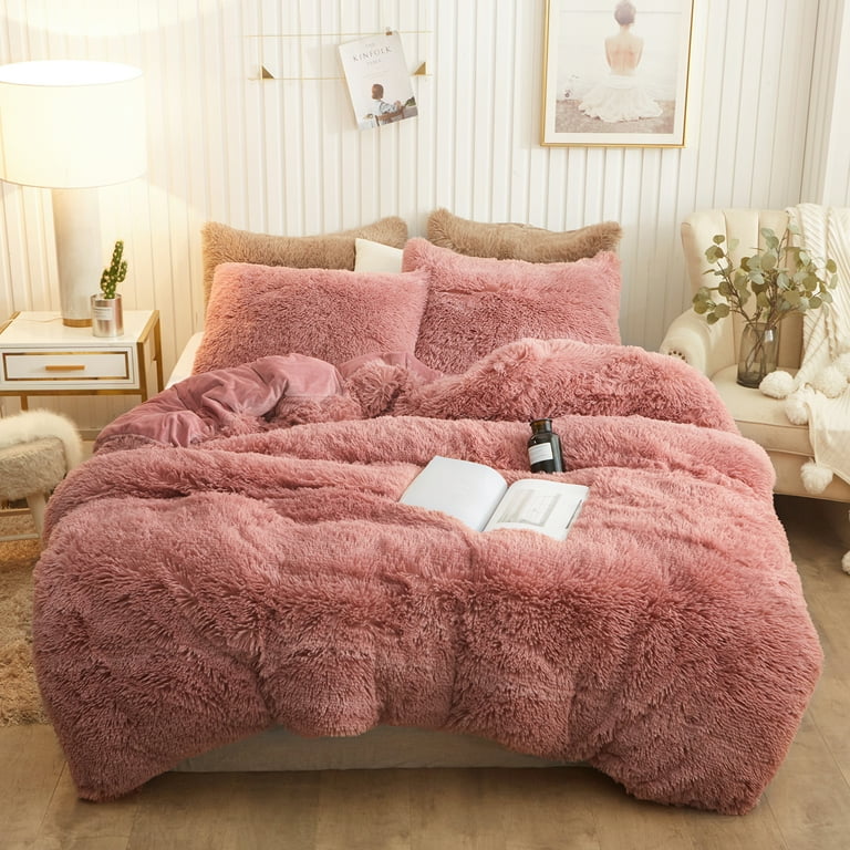 XeGe 3 Piece Fluffy Faux Fur Duvet Cover Set Queen, Luxury Ultra Soft  Velvet Shaggy Plush Bedding Set, Cream Fuzzy Comforter Cover with 2 Furry  Pillow