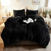 XeGe 3 Pieces Furry Plush Duvet Cover Set, Black Faux Fur Comforter Cover Set, Luxury Soft Velvet Fuzzy Fluffy Bedding Set, Shaggy Duvet Cover with 2 Pillow Covers, Zipper Closure, Queen Size, Black