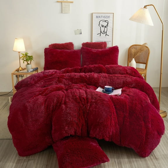 XeGe 3 Pieces Plush Faux Fur Duvet Cover Set, Luxury Soft Fluffy Furry Comforter Cover Set, Shaggy Bedding Sets(1 Fuzzy Duvet Cover+ 2 Faux Fur Throw Pillow Covers), Zipper Closure (Queen, Red)