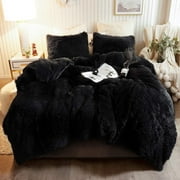 XeGe Black Faux Fur Comforter Cover Set, 3 Pieces Furry Plush Duvet Cover Set, Luxury Soft Velvet Fuzzy Fluffy Bedding Set, Shaggy Duvet Cover with 2 Pillow Cases, Zipper Closure, King Size, Black