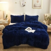 XeGe Faux Fur Comforter Cover Set 3 Pieces Furry Plush Duvet Cover, Luxury Ultra Soft Velvet Fuzzy Fluffy Bedding Set, Shaggy Duvet Cover with 2 Pillow Shams, Zipper Closure, King Size, Navy Blue