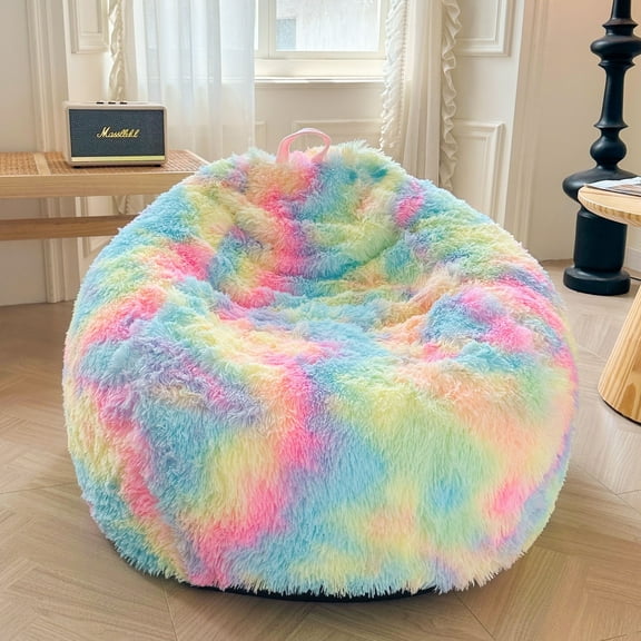 XeGe Faux Fur Comfy Bean Bag Cover for Living Room(No Filler), Tie Dye Fluffy Stuffed Animal Storage Bean Bag Chair Cover, Furry Fuzzy Big Beanbag Cover for Adult Teen Kid Girl, Anti-slip, Rainbow
