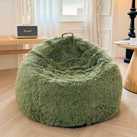 XeGe Faux Fur Comfy Bean Bag Cover(No Filler), Fluffy Stuffed Animal Storage Bean Bag Chair Cover for Bedroom Home Decor, Furry Fuzzy Big Beanbag Cover for Adults Kids Girls, Anti-slip, Sage Green