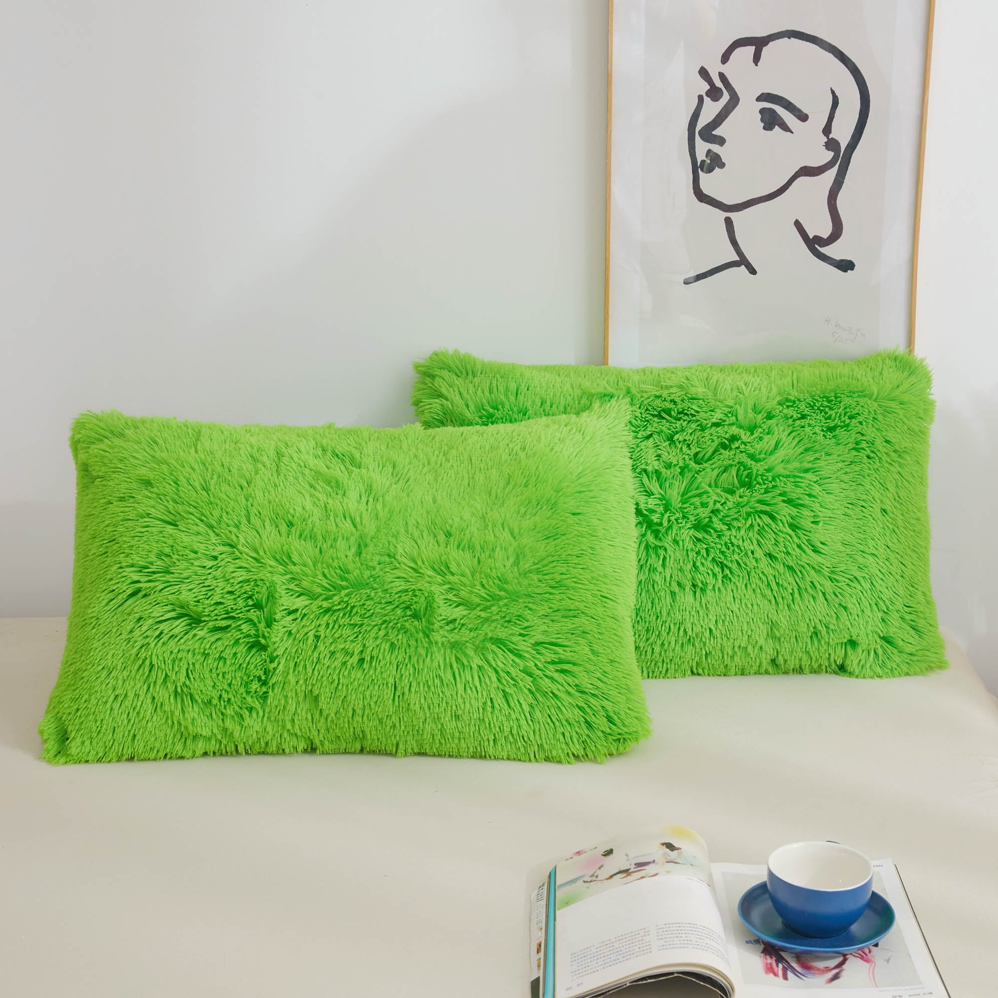 XeGe Faux Fur Fluffy Pillow Cases, Soft Plush Shaggy Furry Lime Green
