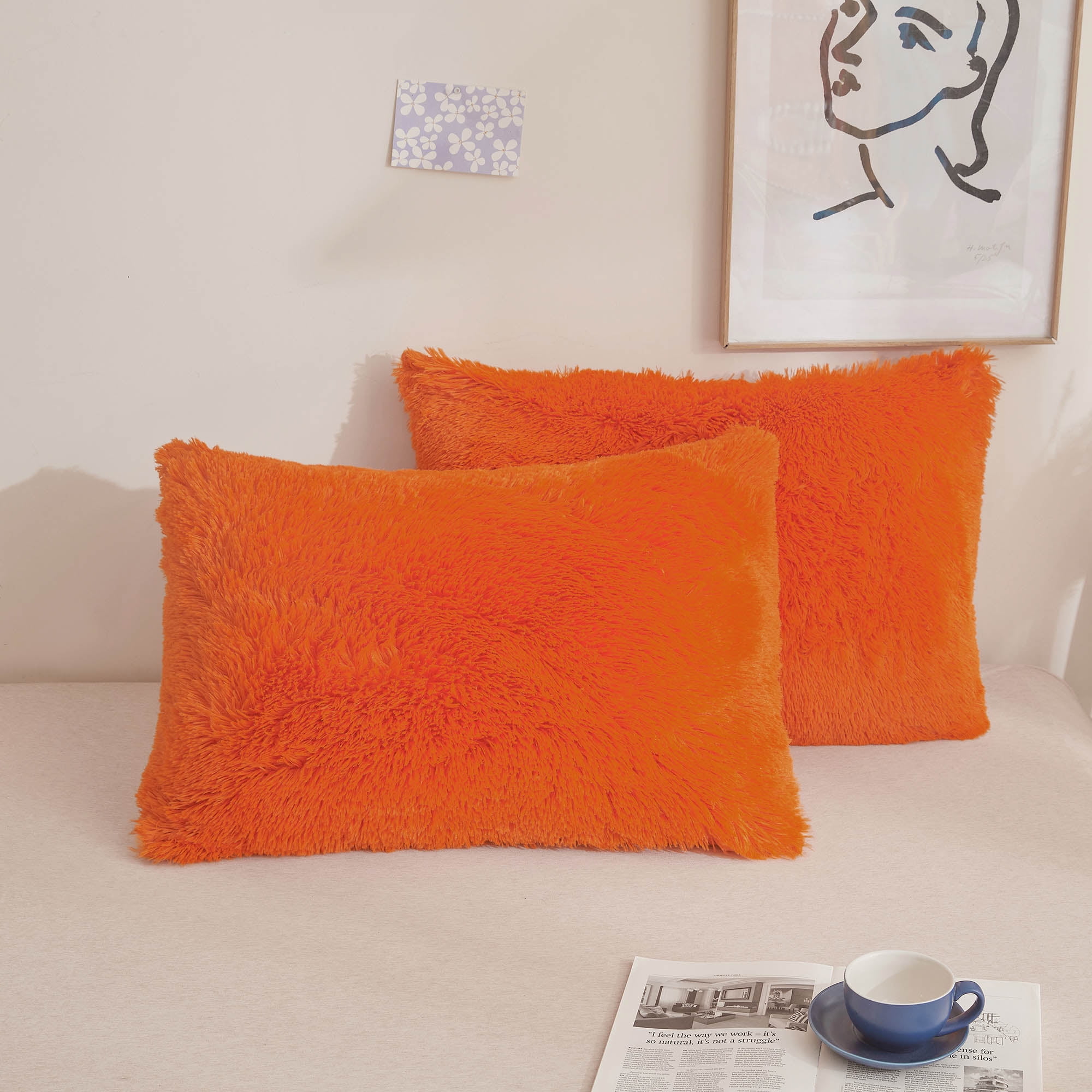 XeGe Faux Fur Fluffy Pillow Cases, Soft Plush Shaggy Furry Orange