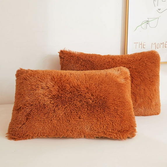 XeGe Fluffy Faux Fur Pillow Cases, Soft Plush Shaggy Furry Pillowcases, Velvet Fuzzy Decorative Long Pillow Shams for Bed Couch, Zipper Closure, Set of 2(Standard Size, Burnt Orange)