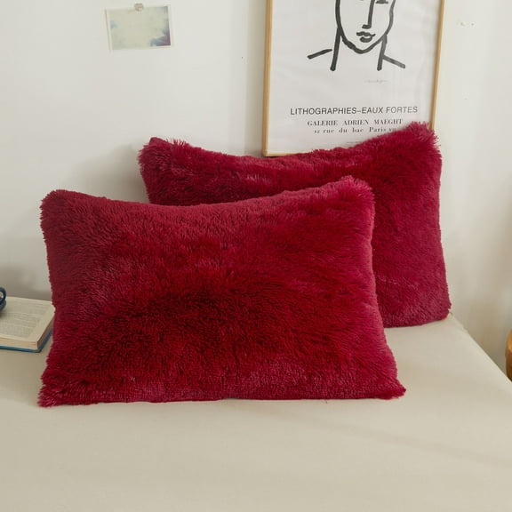XeGe Fluffy Faux Fur Pillow Cases, Soft Plush Shaggy Furry Pillowcases, Velvet Fuzzy Decorative Long Pillow Shams for Bed Couch, Zipper Closure, Set of 2(Standard Size, Red)