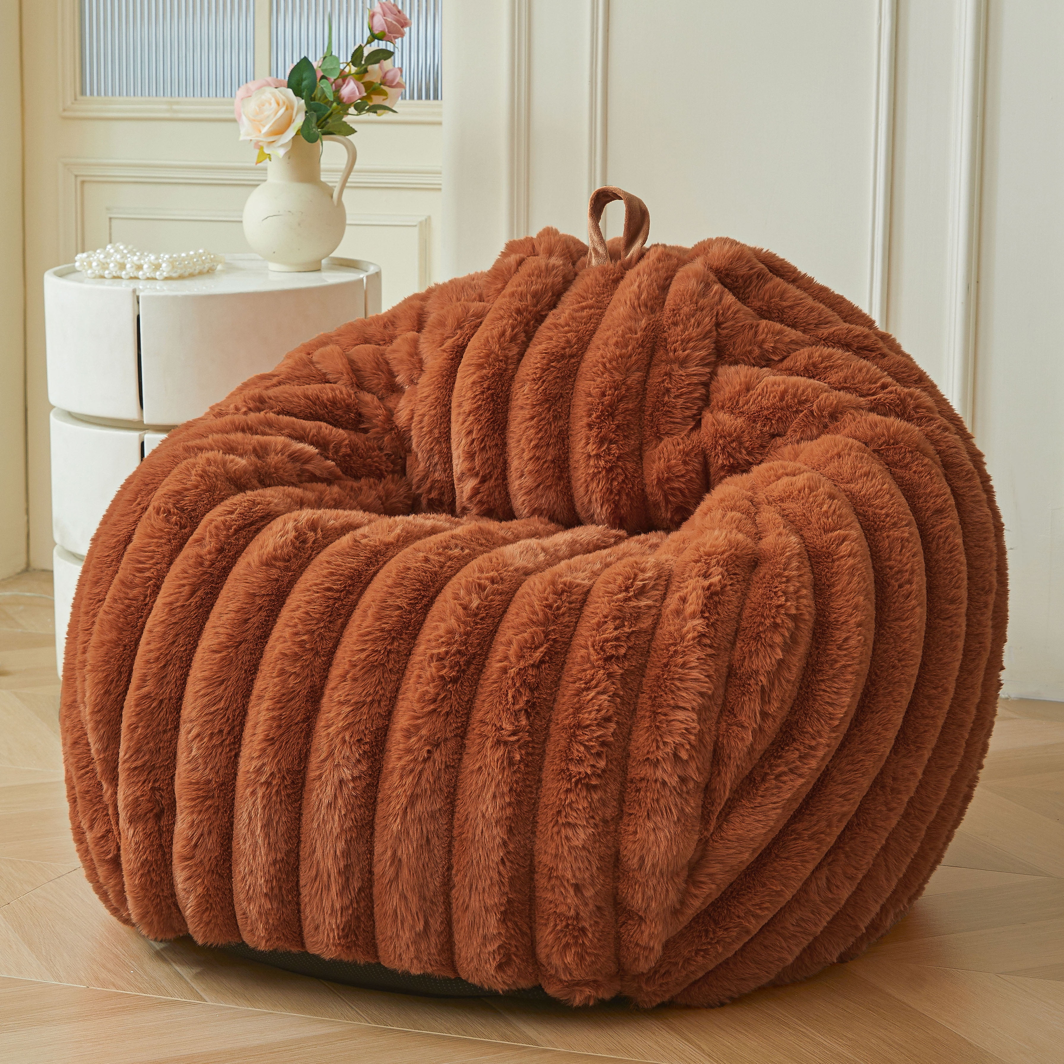 XeGe Fluffy Faux Rabbit Fur Bean Bag Chair Cover(No Filler), Cozy Plush Shaggy Striped Stuffed Animal Storage Bean Bag, 3FT Fuzzy Furry Ribbed Adult Beanbag Cover Bedroom Living Room, Burnt Orange
